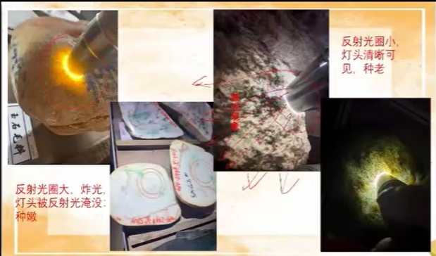 图2 左图是炸光，种嫩，右图吸光，灯头清晰可见，冰种，种老