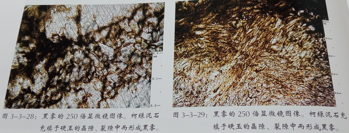 图13 柯绿泥石填充于硬玉的晶隙、裂隙形成黑雾