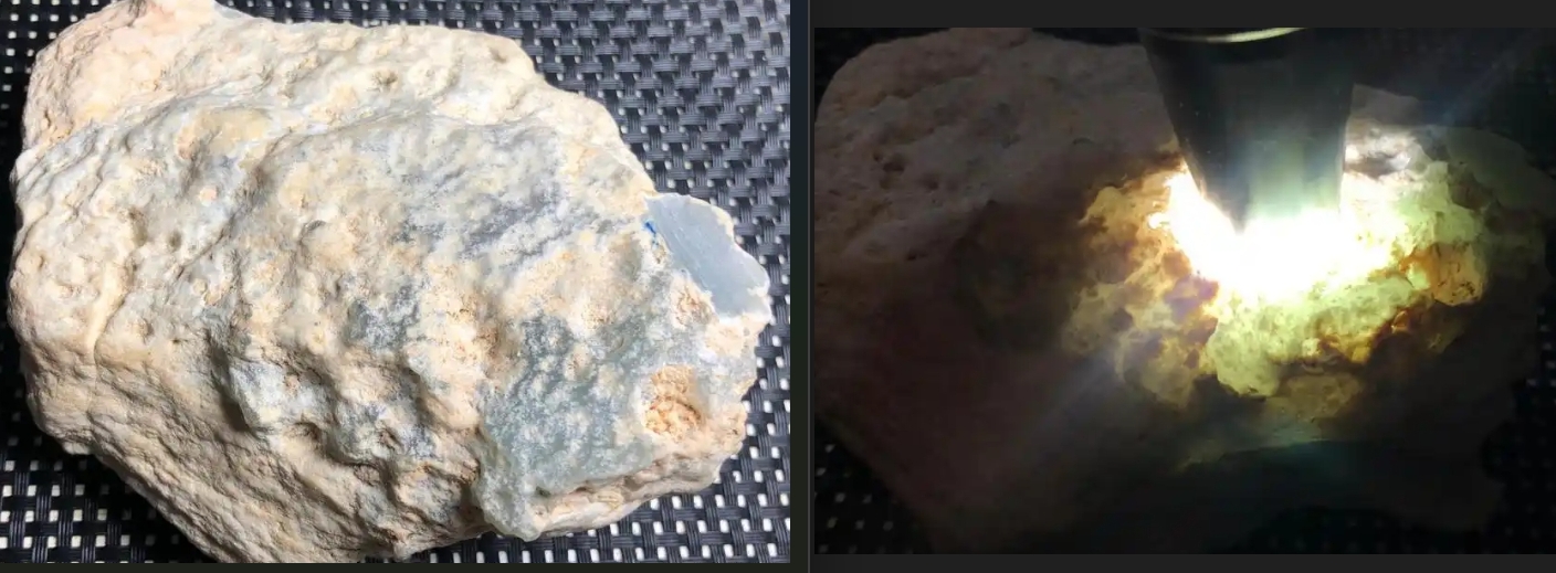 图11 看似脱沙的翁巴裂原石，实际不是脱沙，打灯炸光，种嫩