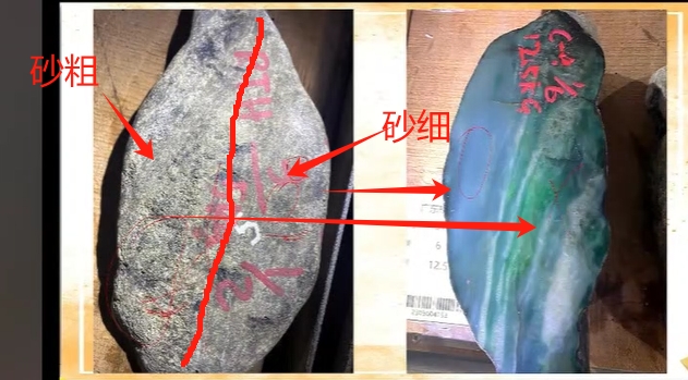 图14 左侧砂粗,右侧砂细,切开后变种,且左侧有棉线(马牙带)
