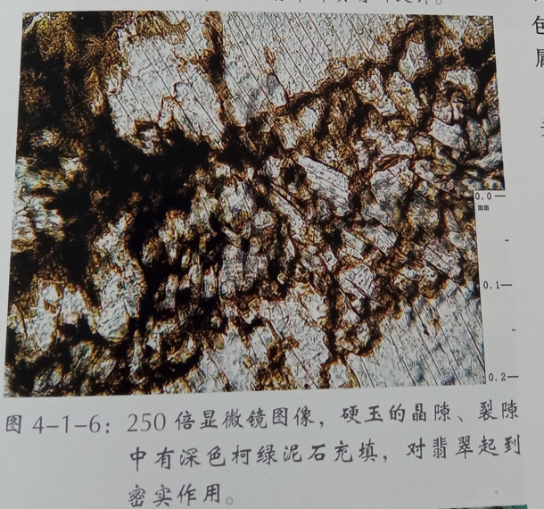 图6 深色柯绿泥石填充于硬玉矿物晶隙或裂隙中